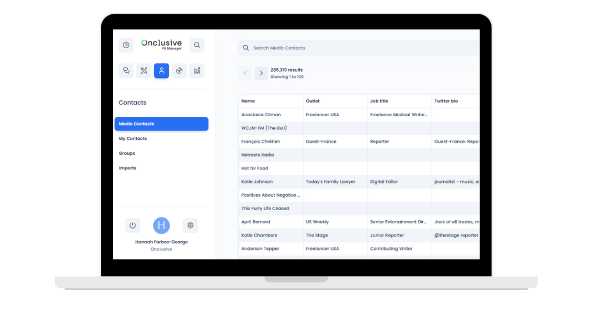 Journalist database interface showing lots of journalist contact details