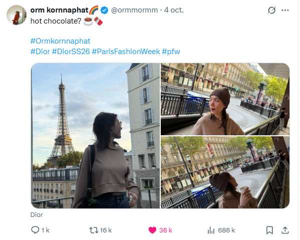 la célébrité thaïlandaise Orm Kornnaphat au défilé Dior lors de la Fashion Week de Paris