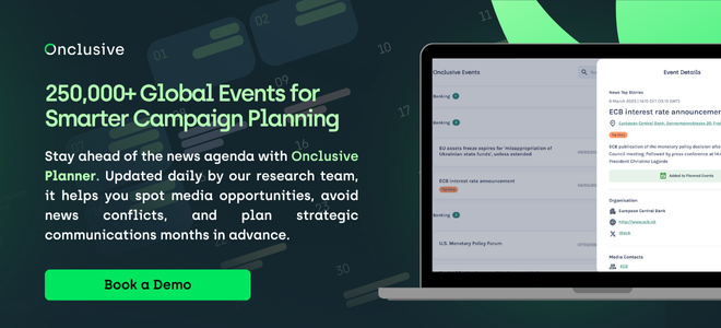 Onclusive Planner dashboard showing 250,000+ global events for smarter PR and marketing campaign planning.