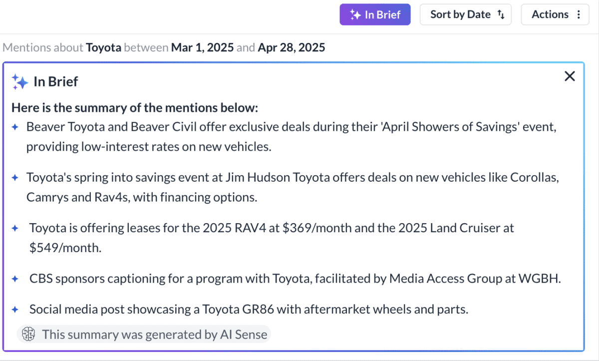 Onclusive social listening AI Sense feature generating an automated summary of Toyota mentions between March and April 2025, highlighting key themes including promotional events, vehicle leasing deals, and media sponsorships