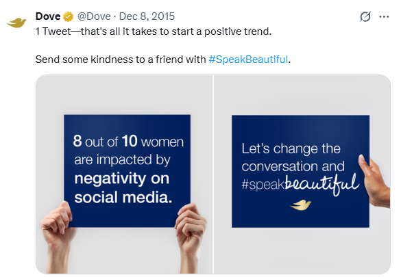 X Twitter statistics 2026: Dove, #SpeakBeautiful (2015), 