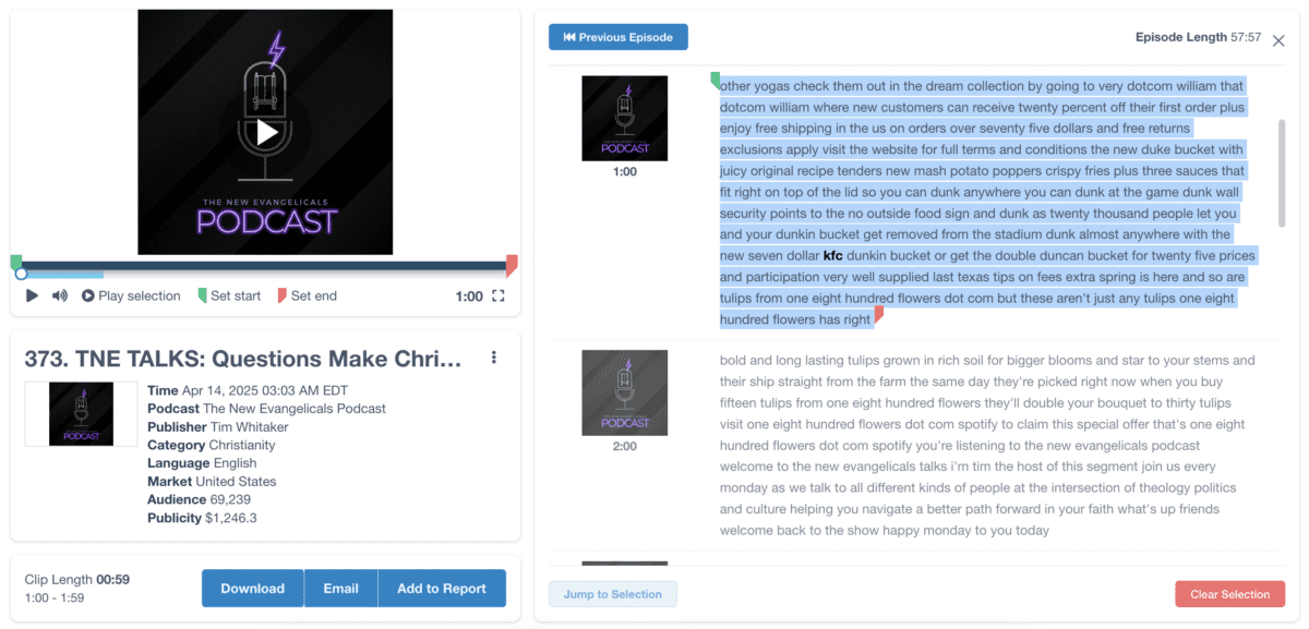 Onclusive dashboard showing podcast monitoring