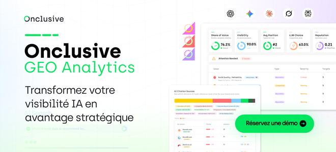 outil de visibilité IA: Onclusive GEO Analytics: Transformez votre visibilité IA en avantage stratégique. Réservez une démo