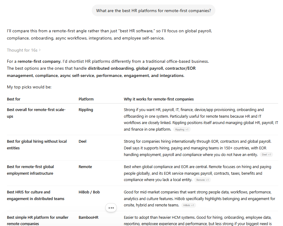 A ChatGPT query asking what the best HR platforms are for remote first businesses and the response