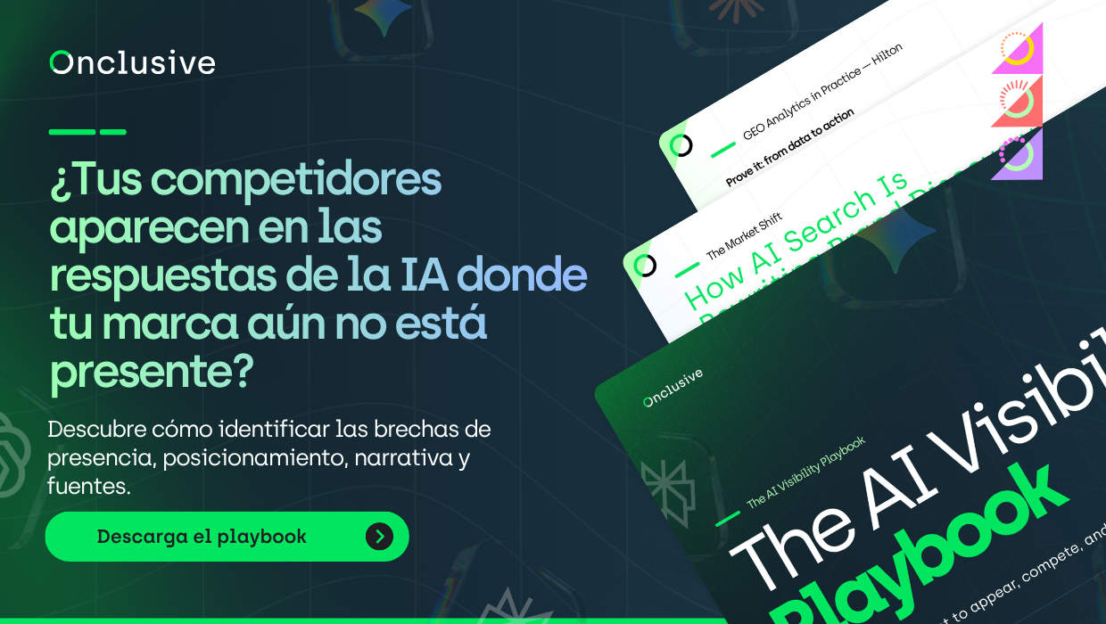 Descarga la guía «AI Visibility Playbook» para descubrir cómo medir y mejorar de forma eficaz la optimización de la búsqueda con IA para tu marca. Evalúa tus carencias en materia de visibilidad de la IA, identifica las causas y descubre qué pasos dar a continuación.