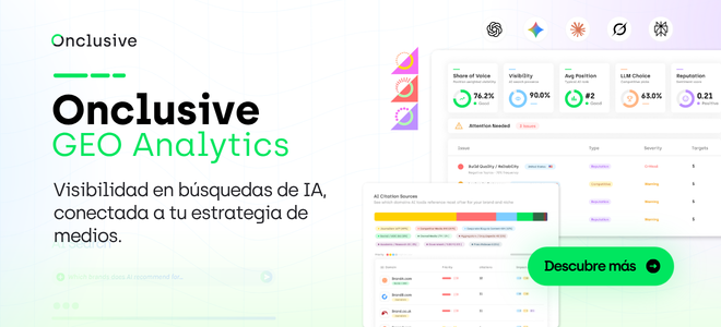 Optimización de la búsqueda con IA . Onclusive GEO Analytics integra la visibilidad que ofrece la inteligencia artificial con tu estrategia de «earn media». Solicita una demostración