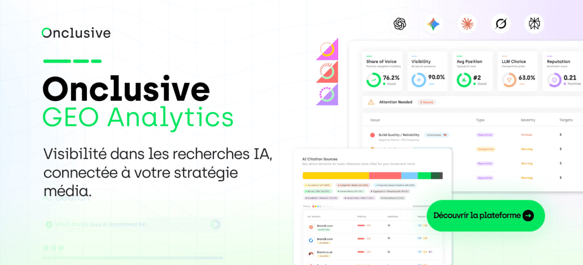 Onclusive GEO Analytics — La visibilité de recherche IA en lien avec votre stratégie média. Découvrez quelles marques l’IA recommande dans votre catégorie et réservez une démonstration.