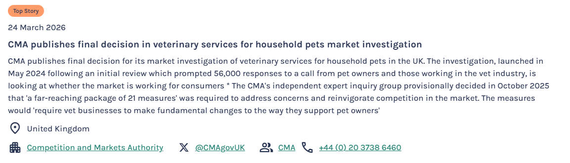 AI vs Onclusive Planner: Screenshot of Onclusive Planner detailing ans event on 24 March 2026 CMA investigation into veterinary services