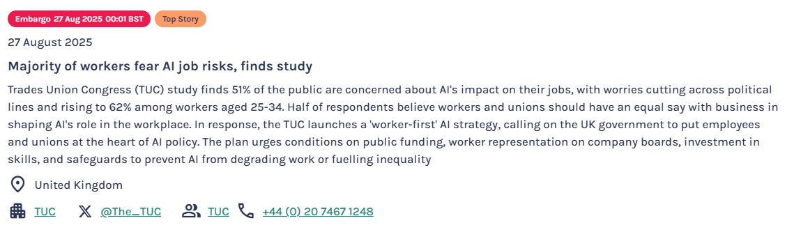 Image of Onclusive planner showing that on 27 Aug 2025 there was a top story about workers fear of job losses because of AI