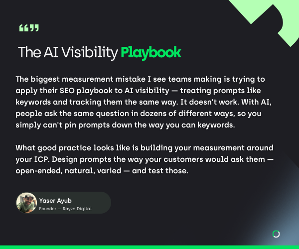 Quote graphic: Yaser Ayub, Founder of Rayze Digital, on measuring AI search visibility