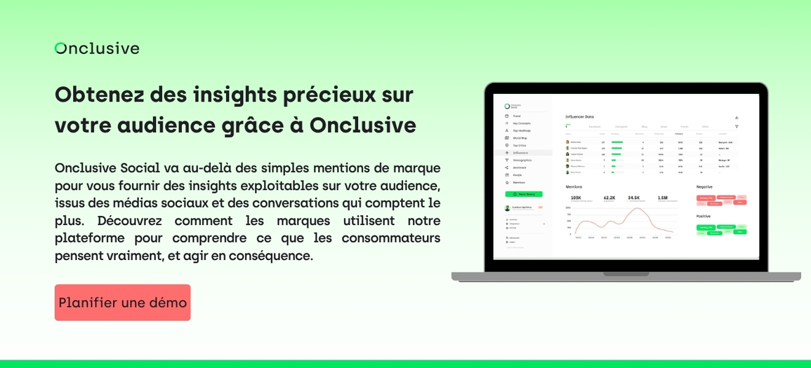 Tableau de bord Onclusive dédié à la gestion des crises sociales, affichant sur l'écran d'un ordinateur portable des alertes en temps réel sur le sentiment, le suivi des mentions et les données relatives aux influenceurs