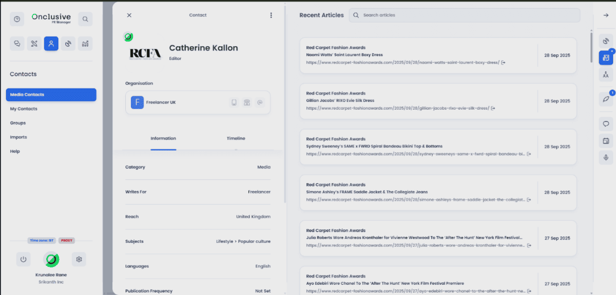 Onclusive media relations contacts database interface showing a journalist's profile, beat, and recent published articles for targeted PR outreach.