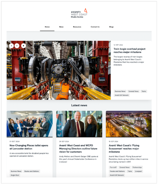 Avanti's online newsroom showing news, journalist resources and contact information.