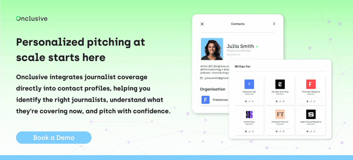 Onclusive media contact database showing a media contact profile with outlet coverage, with a 'Book a Demo' call-to-action button"