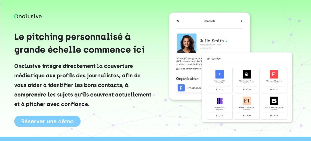 Base de données de contacts médias Onclusive affichant le profil d'un contact média avec la couverture de son média, ainsi qu'un bouton d'appel à l'action « Réserver une démo 
