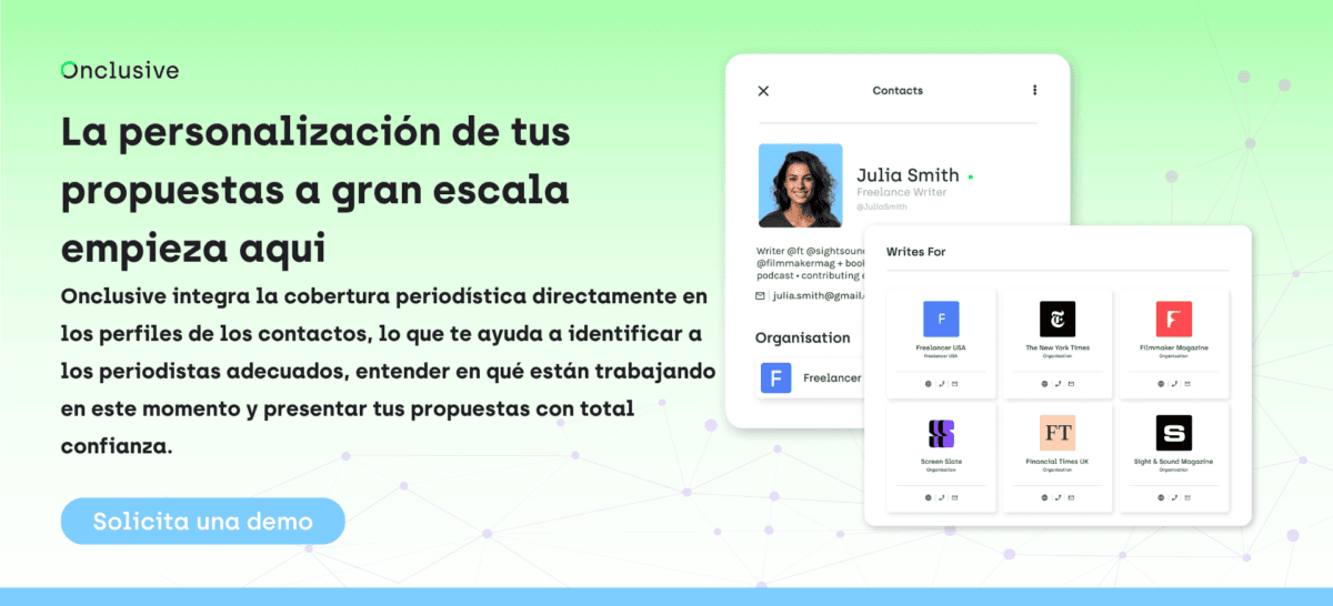 Base de datos de medios de Onclusive mostrando el perfil de un contacto con la cobertura de su medio y un botón de llamada a la acción de 'Solicita una demo'