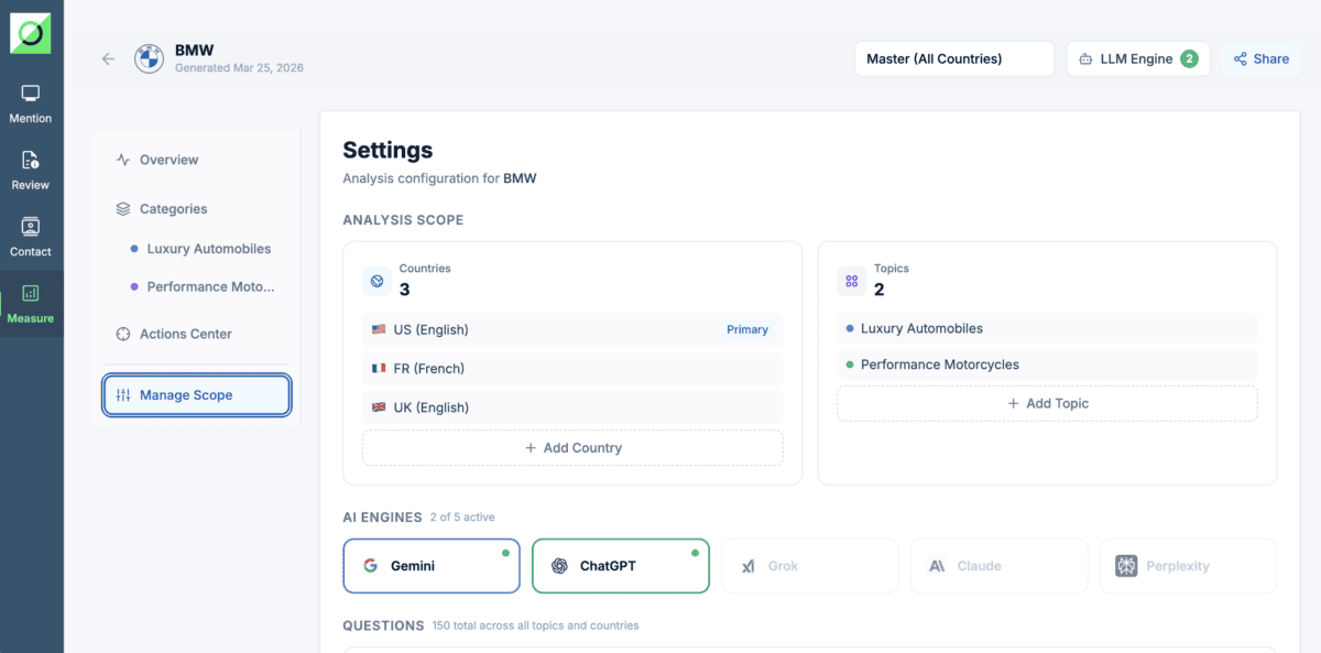 Screenshot of Onclusive GEO Analytics inside Onclusive's unified platform (one of the best Cision alternatives)showing BMW analysis settings, with the US, France and UK selected as markets and Gemini and ChatGPT selected as AI engines.