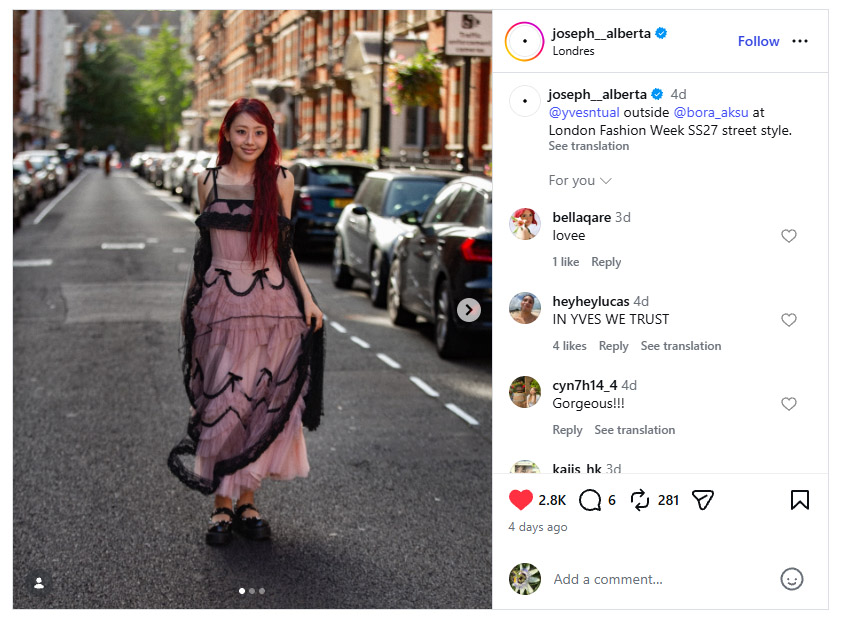 Yves Instagram Story @ London Fashion Week SS27, Bora Aksu Show
