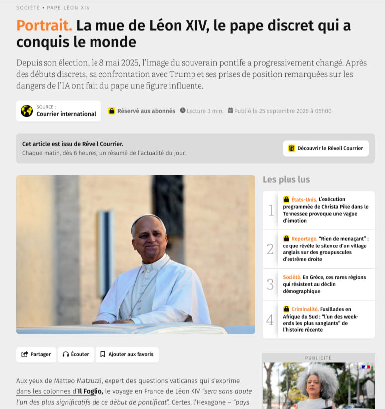 visite du pape Léon XIV en France , vu de l'étranger