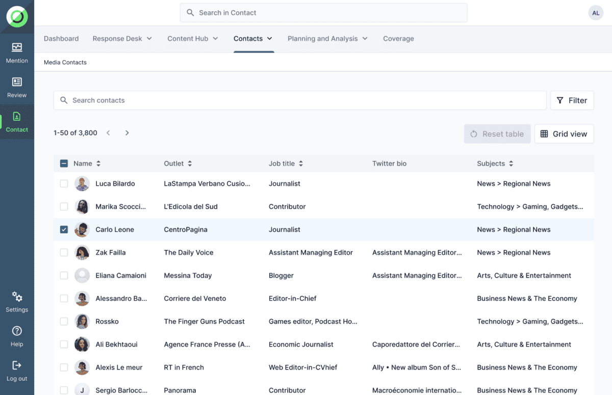 Screenshot of Onclusive Contact - the journalist outreach module. 
