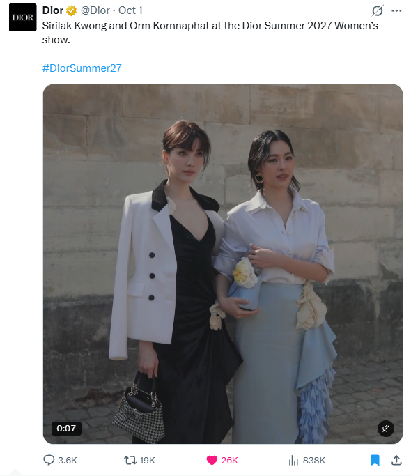 Paris Fashion Week SS27: Sirilak Kwong and Orm Kornnaphat at the Dior Summer 2027 Women’s show. #DiorSummer27 from @dior X account